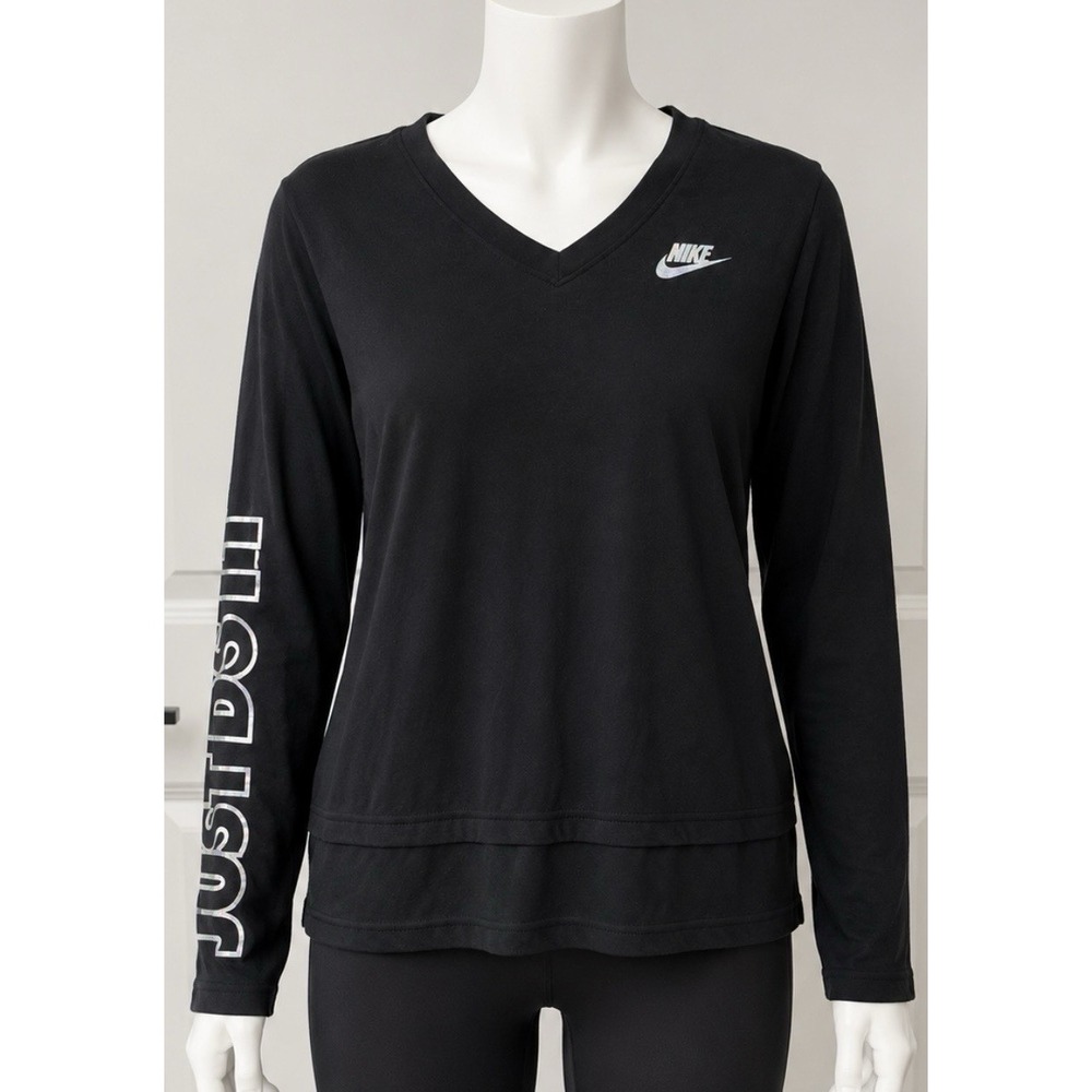 NIKE Women's Long Sleeve V Neck Black Silver Small Shirt Top Pullover Athletic